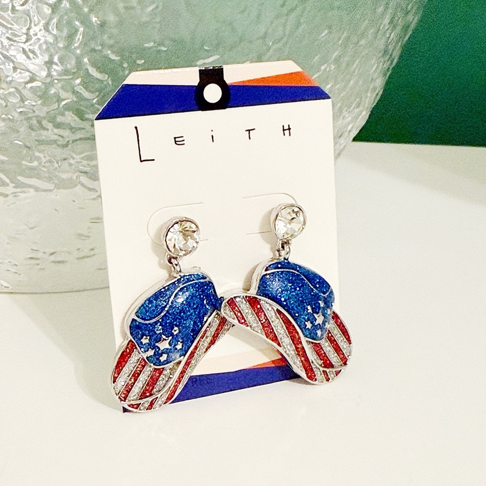 NWT LEITH Patriotic Cowboy Hat Earrings – Red, White & Blue Glitter